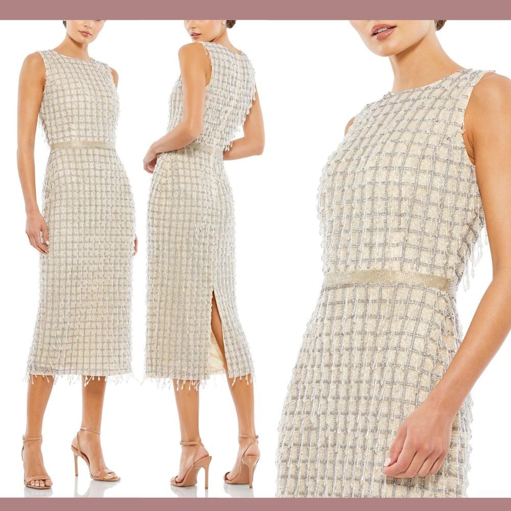 NEW Mac Duggal [ 6 ] 5471 Crystal Drop High Neck Beaded Midi Sheath Dress Q829‎